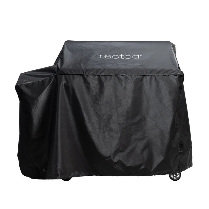 Durable black grill cover with reinforced 2-ply fabric and polyester lining, designed for outdoor living and grill accessory protection.