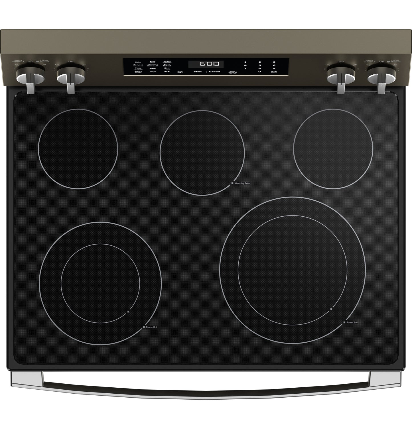 Top-down view of a black electric glass cooktop with five burners and stainless steel control knobs from kitchen appliances collection.
