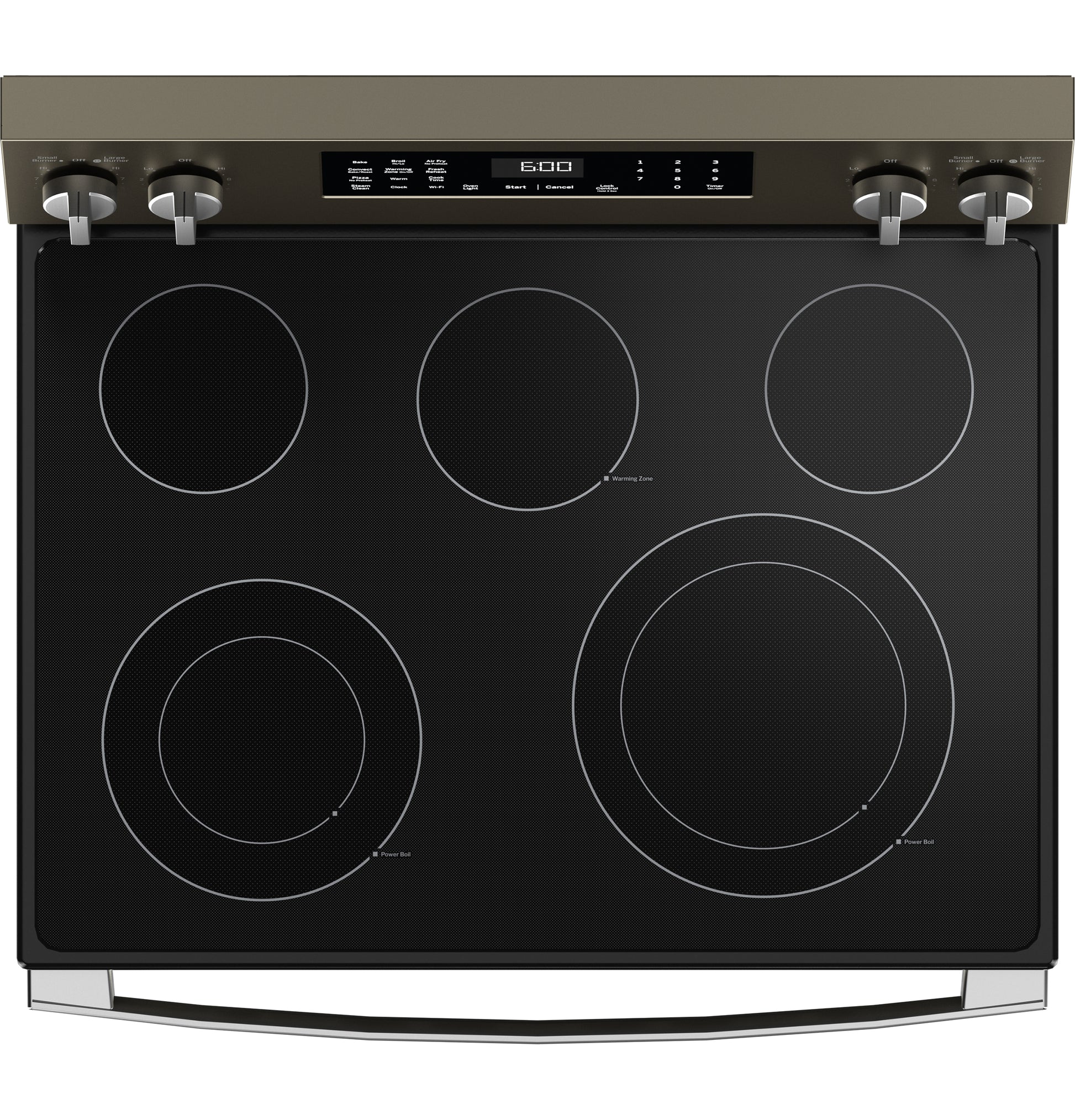 Top-down view of a black electric glass cooktop with five burners and stainless steel control knobs from kitchen appliances collection.
