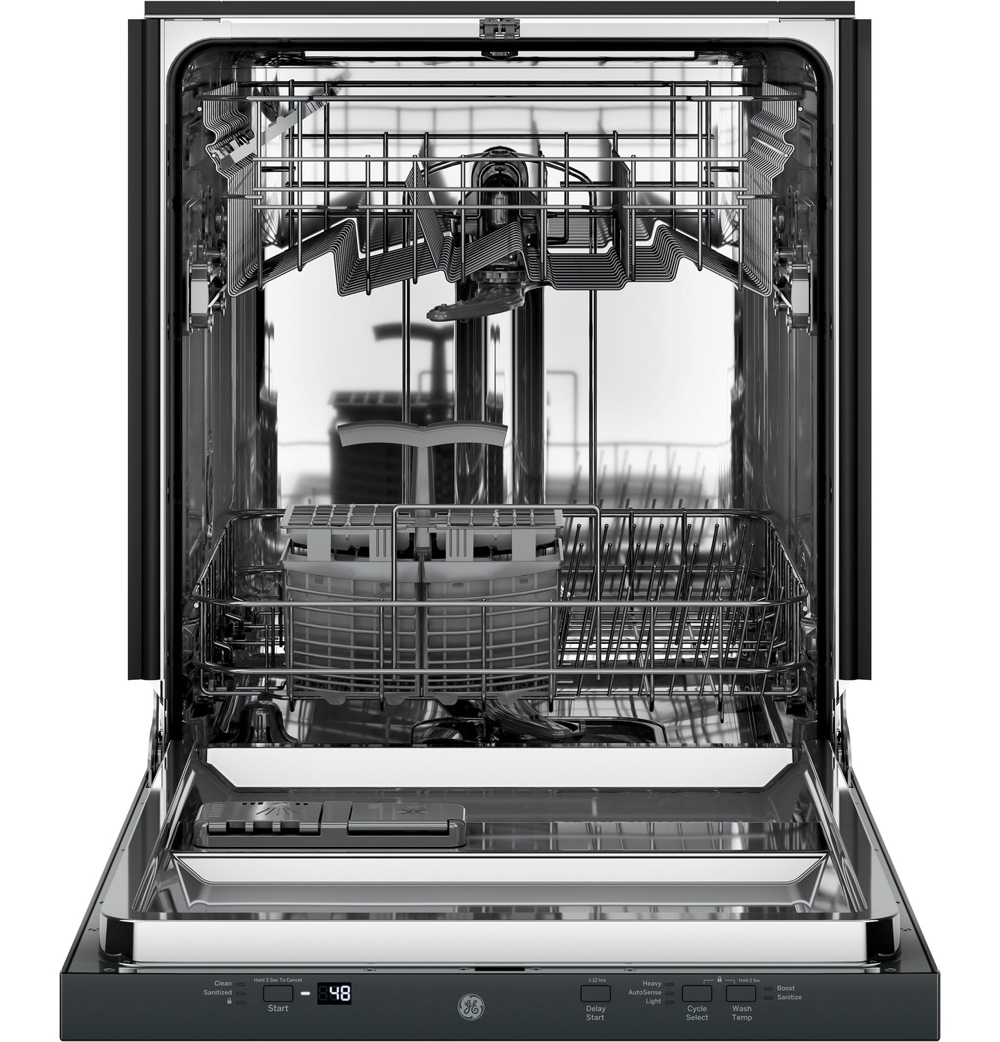 Open dishwasher with stainless steel interior, adjustable racks, and digital control panel from Appliances collection