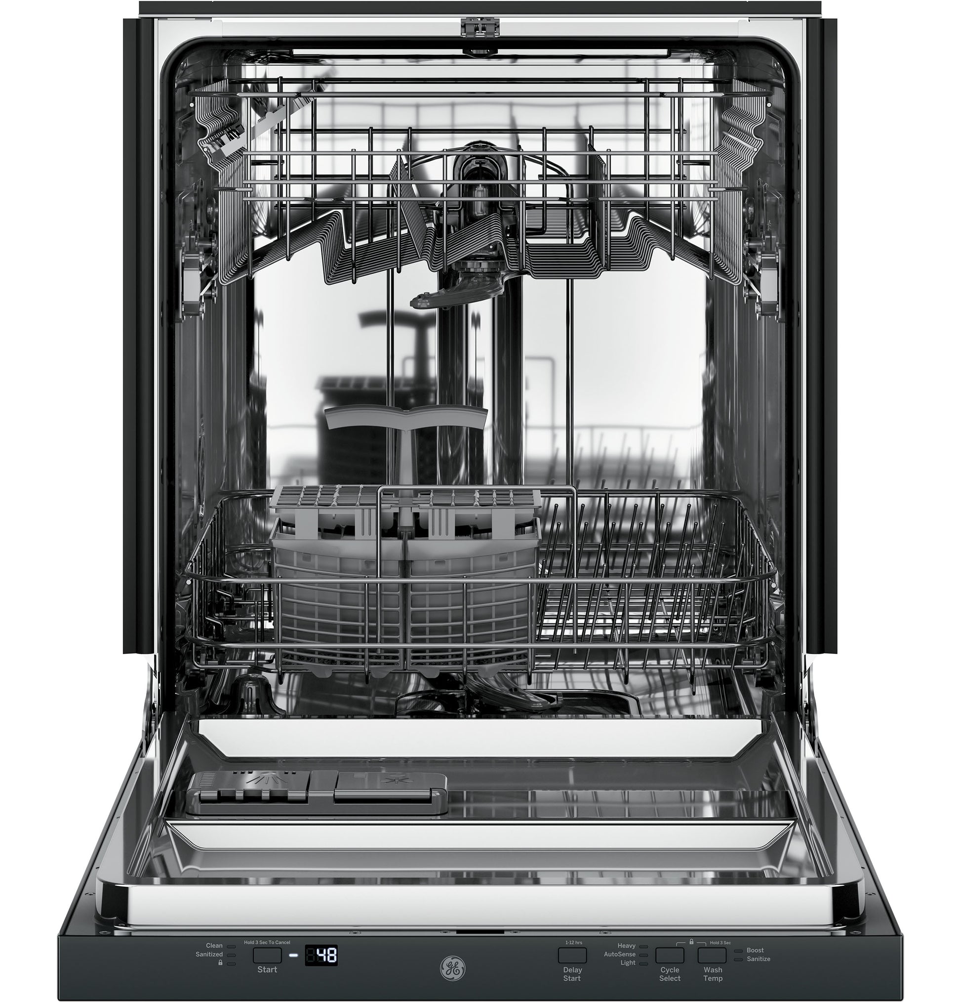 Open dishwasher with stainless steel interior, adjustable racks, and digital control panel from Appliances collection