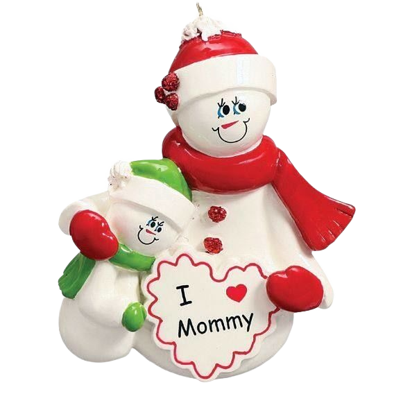 Snowman mother and child ornament holding "I love Mommy" heart for Christmas tree decoration under 50 collection