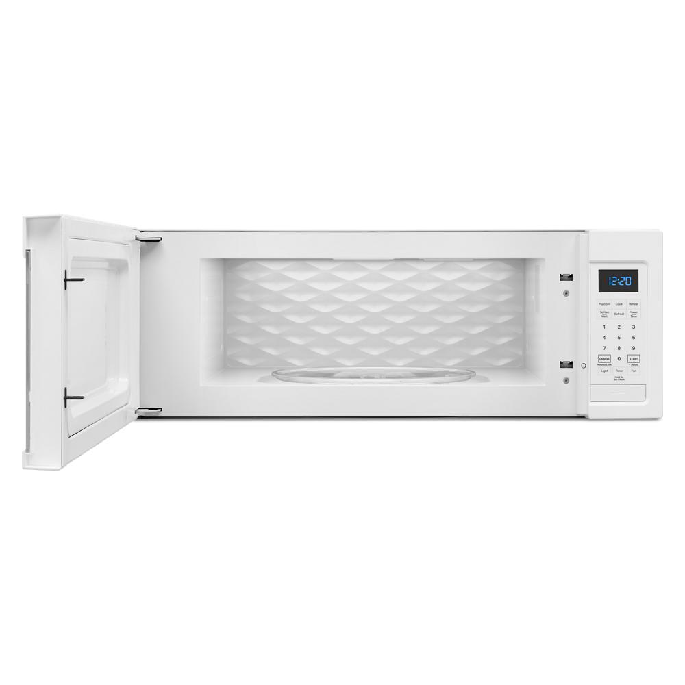 white over-the-range microwave with textured interior, digital control panel, and low profile design for kitchen appliances