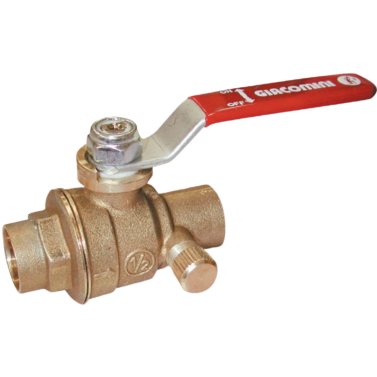 Brass full port ball valve with red lever handle for reliable flow control in home improvement and plumbing tasks