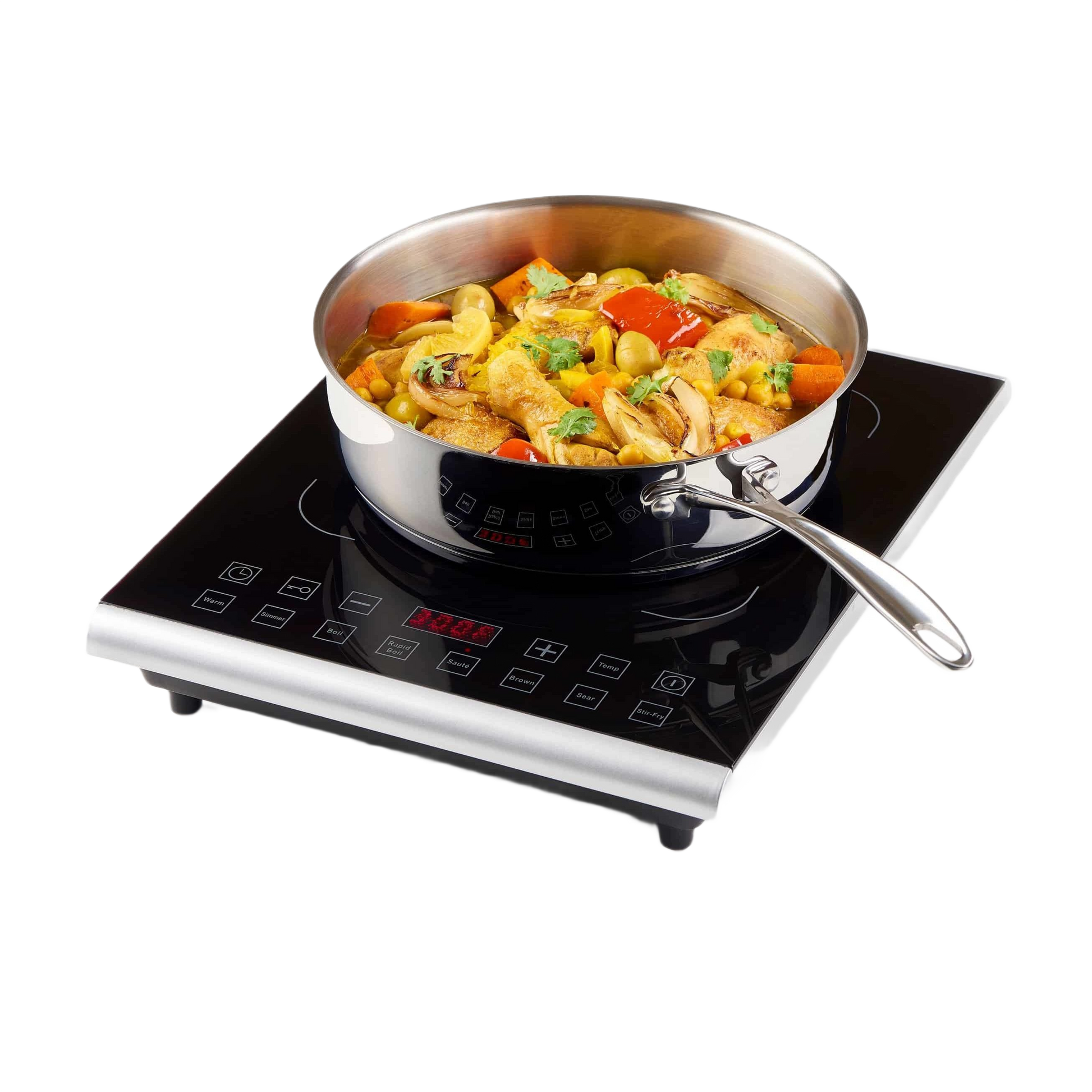 Black and stainless steel induction cooktop with digital controls and a stainless steel pan cooking mixed vegetables and chicken