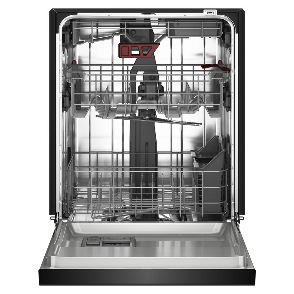 Open stainless steel dishwasher interior showing third level jet rack and adjustable racks for varied dish sizes