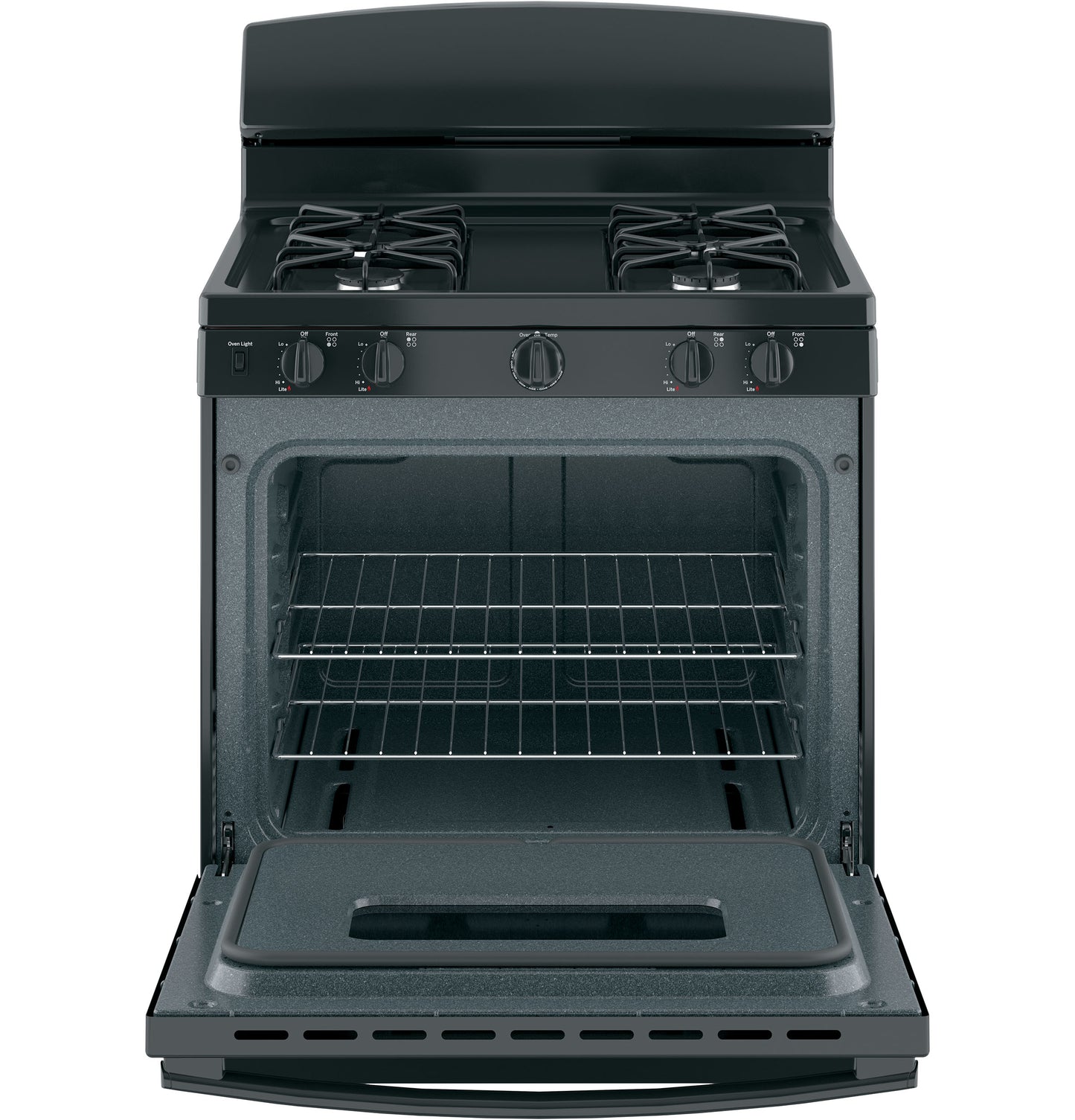 Front view of black gas range with open oven door and four burner cooktop in kitchen appliances collection