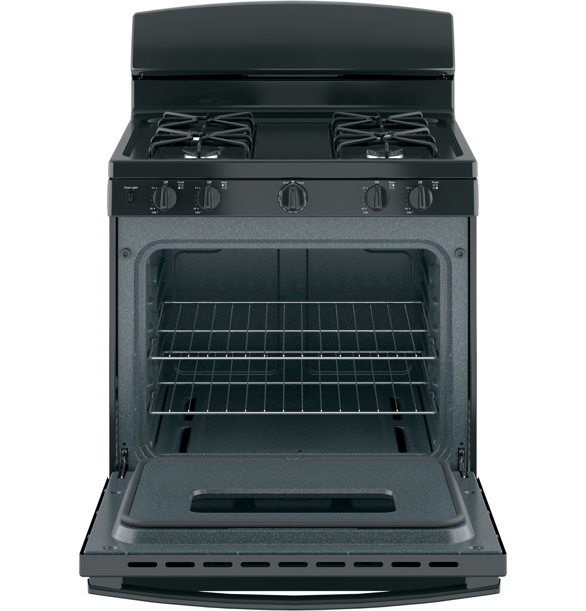 Front view of black gas range with open oven door and four burner cooktop in kitchen appliances collection