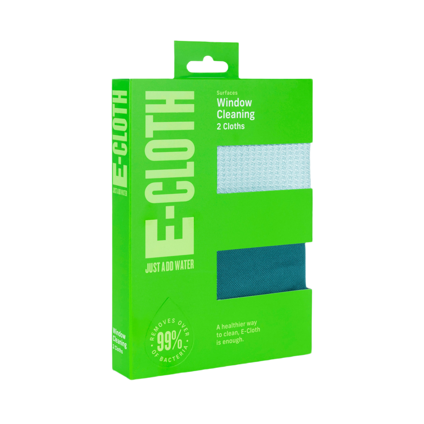 Green packaging of E-Cloth window cleaning pack with two microfiber cloths for chemical-free home cleaning tools