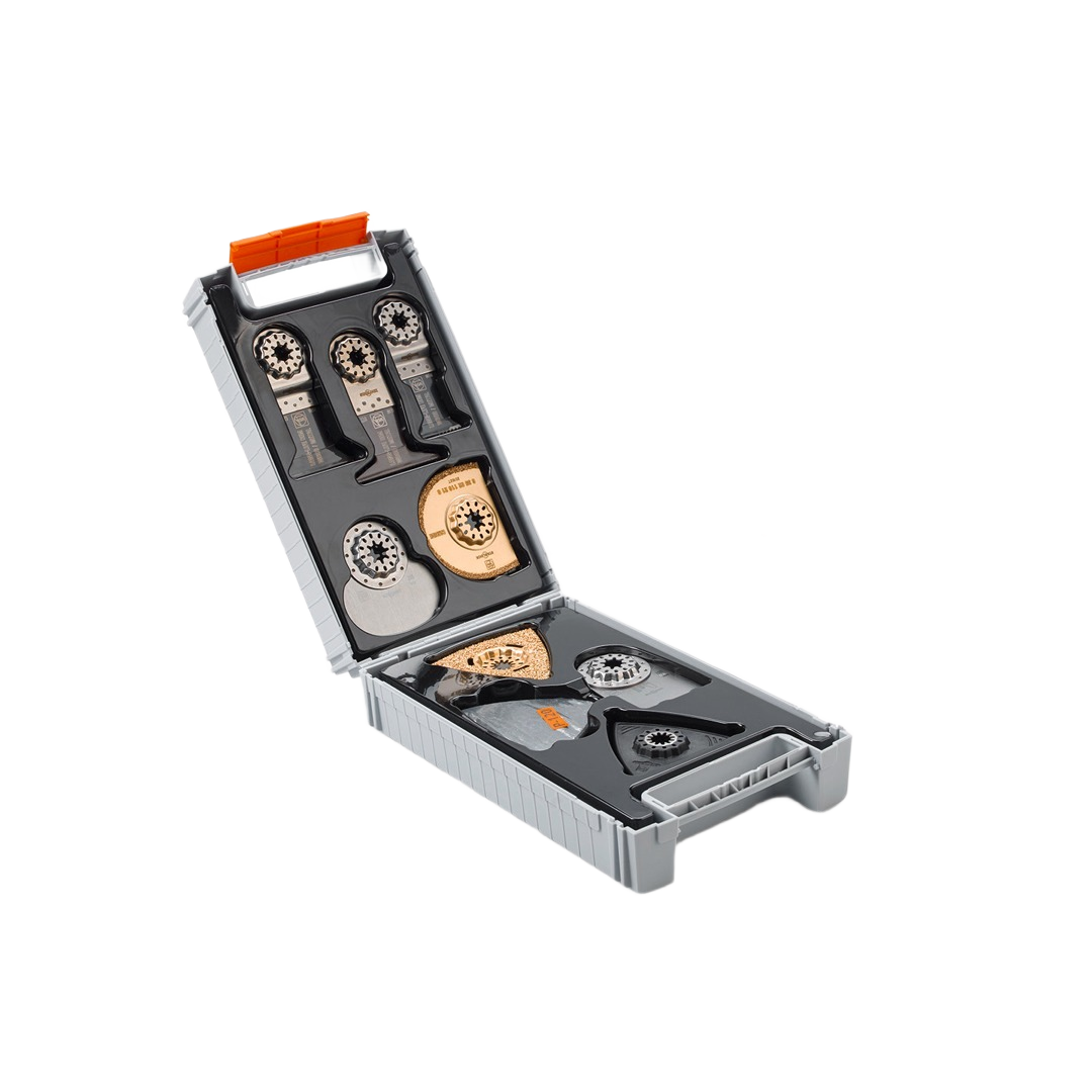 Plastic case with various metal renovation blades and sanding accessories for woodworking and power tool projects under 100 dollars