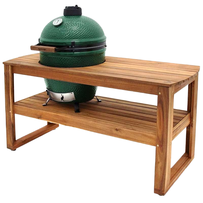 Outdoor acacia wood table designed to support large kamado grills for grilling and outdoor living spaces