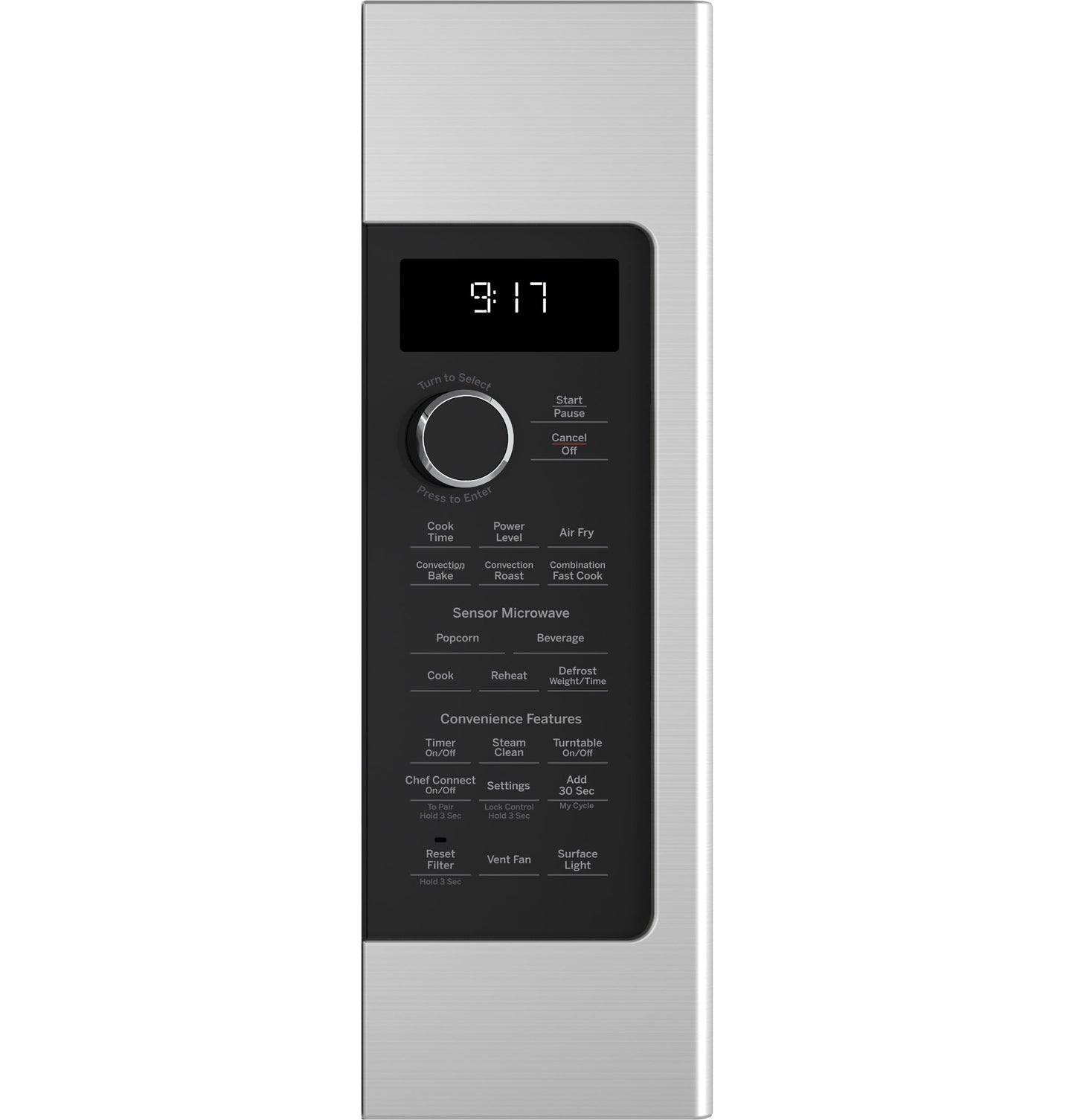 Control panel of stainless steel convection over-the-range microwave with digital display and multi-function dial from Kitchen & Kitchenware