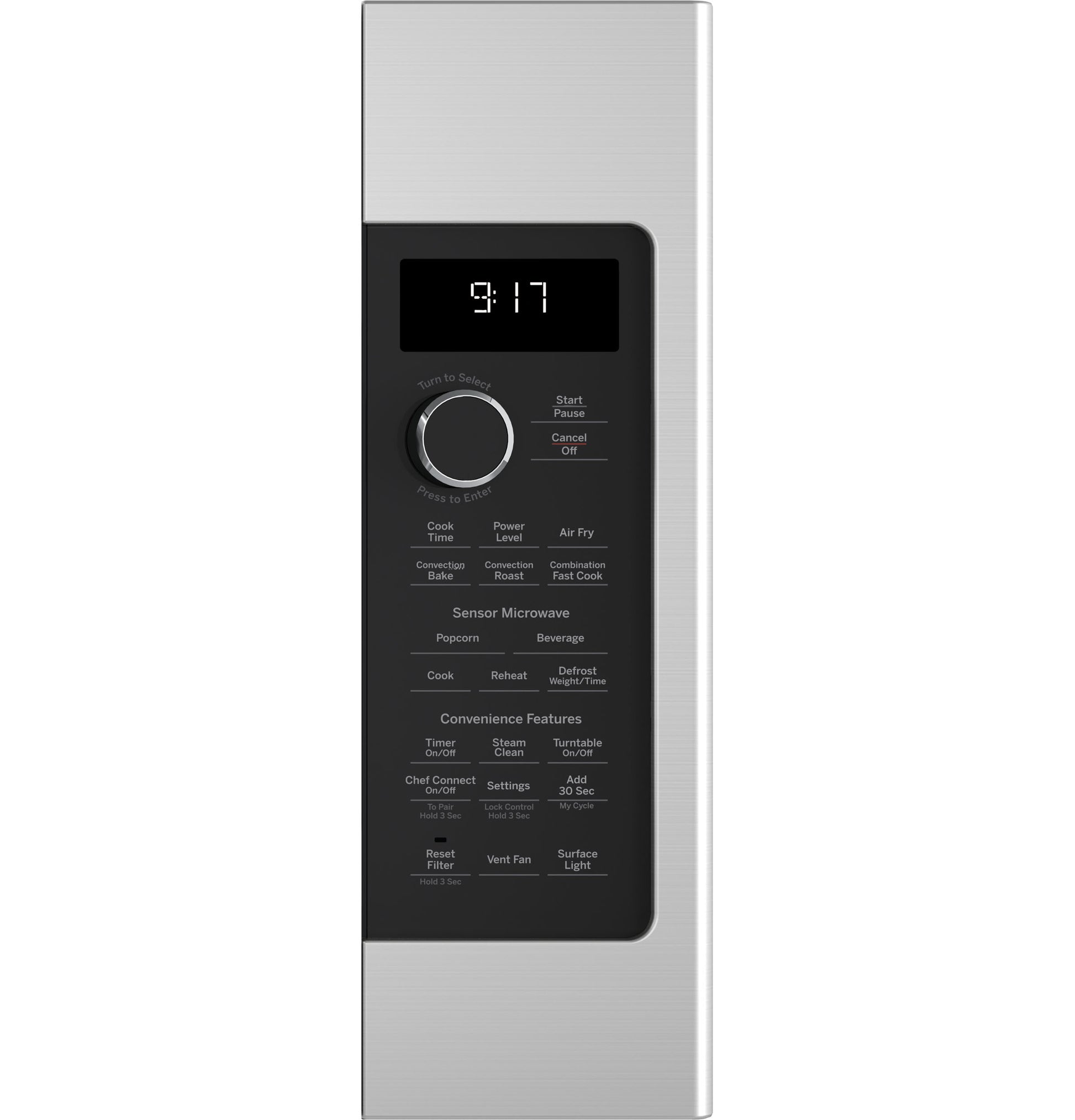 Control panel of stainless steel convection over-the-range microwave with digital display and multi-function dial from Kitchen & Kitchenware