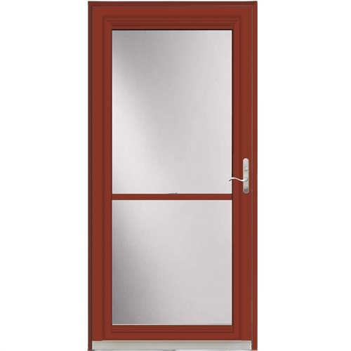 Mountain berry colored storm door with clear glass and built-in screen vent for home improvement projects