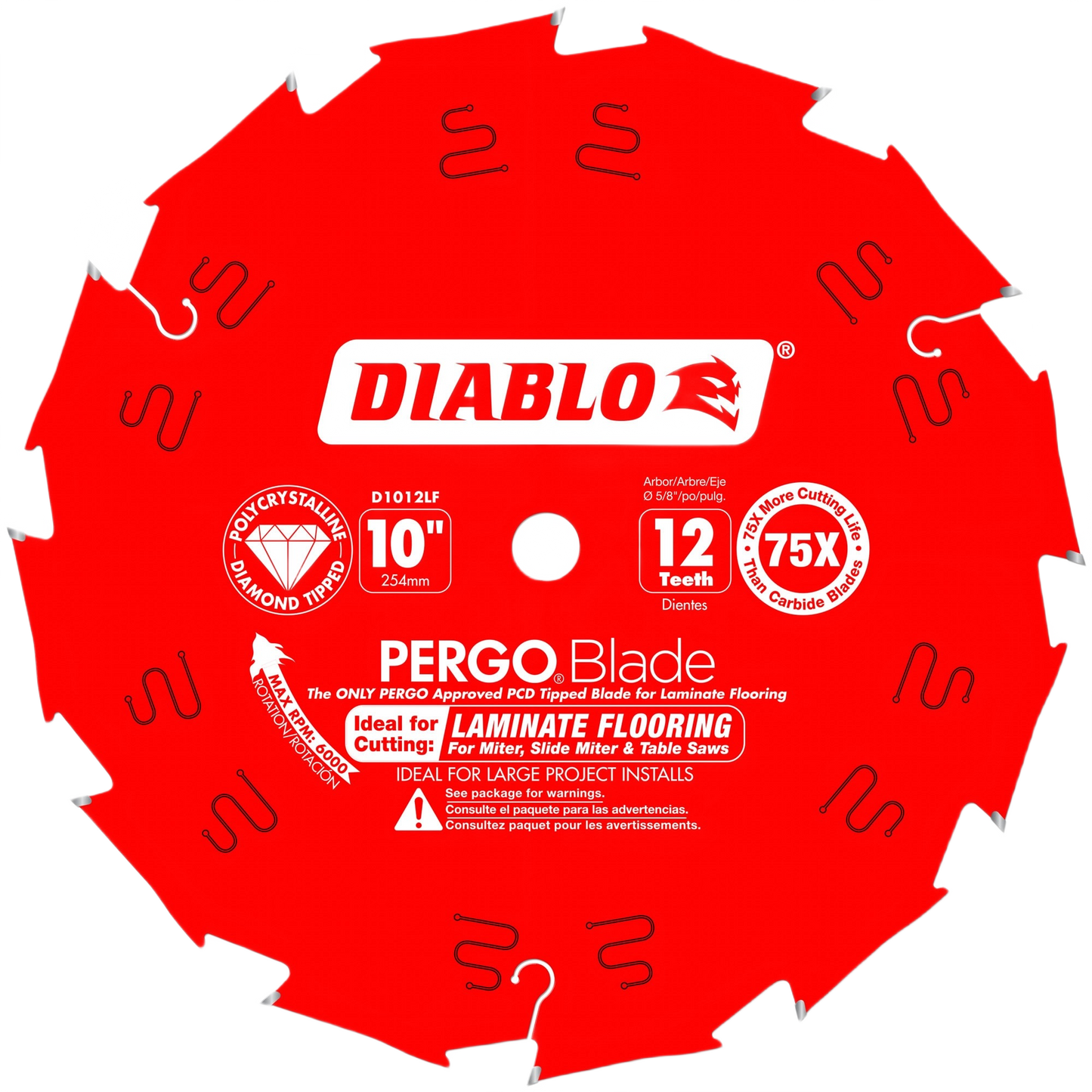 Red 10-inch Diablo saw blade with 12 teeth designed for precision laminate flooring cuts in woodworking tool accessories