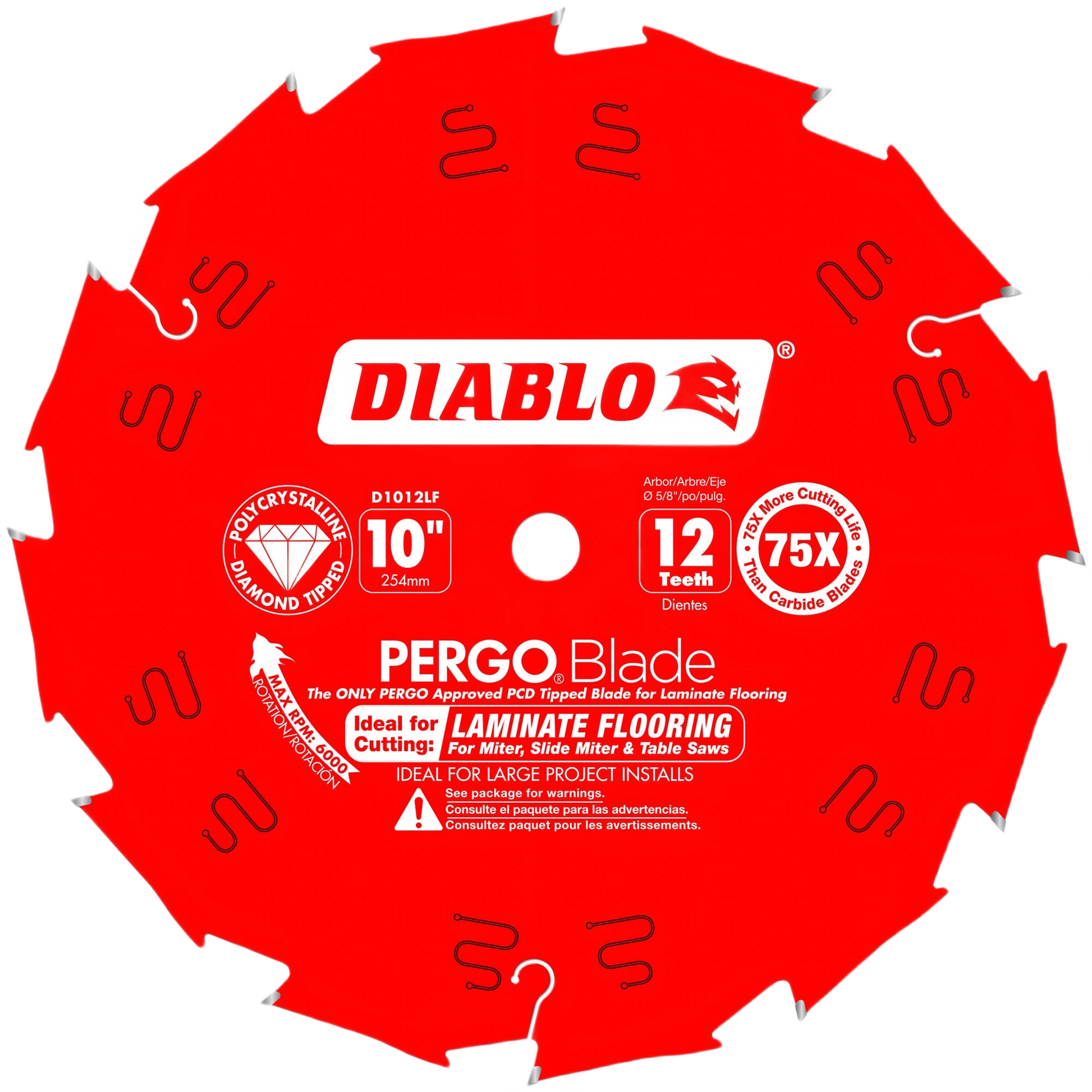 Red 10-inch Diablo saw blade with 12 teeth designed for precision laminate flooring cuts in woodworking tool accessories
