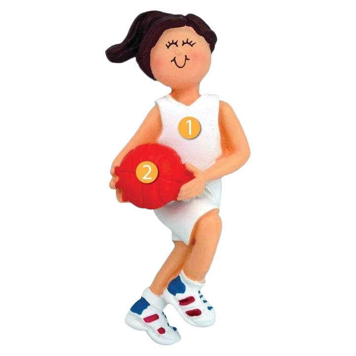 Brunette female basketball player ornament in white uniform holding basketball from Christmas Ornaments & Tree Decorations collection