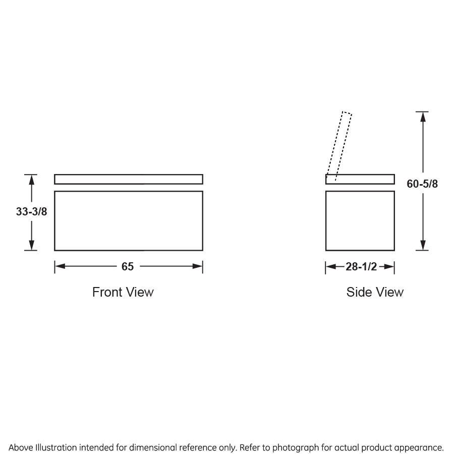 Dimensional line drawing of manual defrost chest freezer showing front and side views with open lid height detail.
