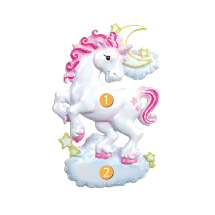 White unicorn ornament with pink mane and tail standing on a cloud with yellow stars for holiday tree decor