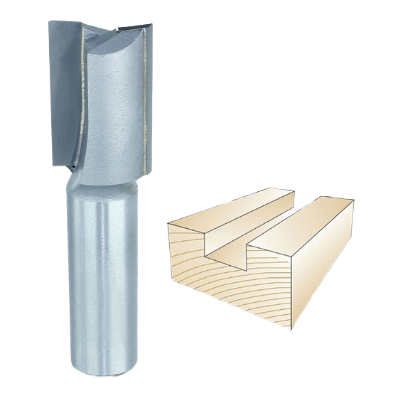 Silver straight router bit for woodworking with sample groove cut illustration in tool accessories collection