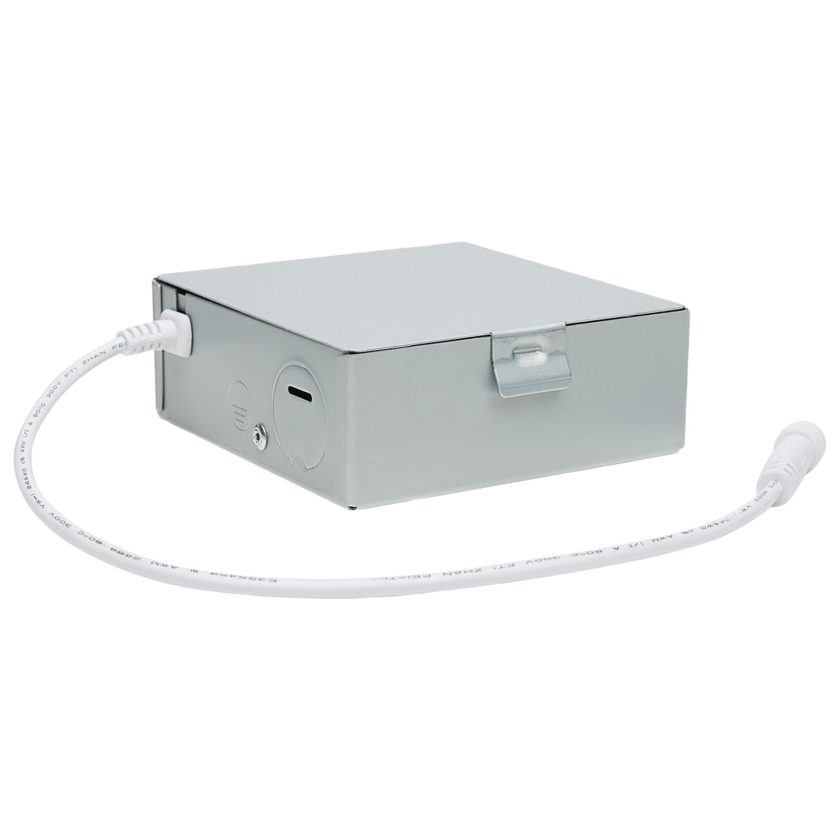 Metal junction box with attached white electrical cable, used in lighting and electrical home improvement projects under $50.