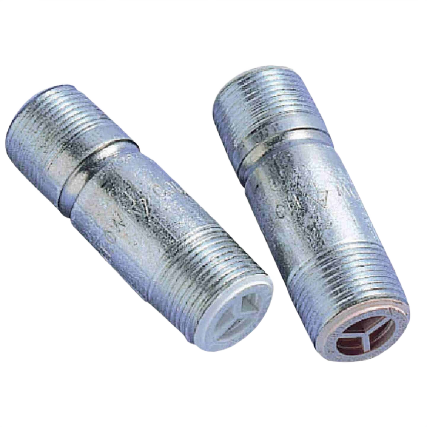 Pair of galvanized steel heat trap nipples with threaded ends for plumbing and home improvement projects