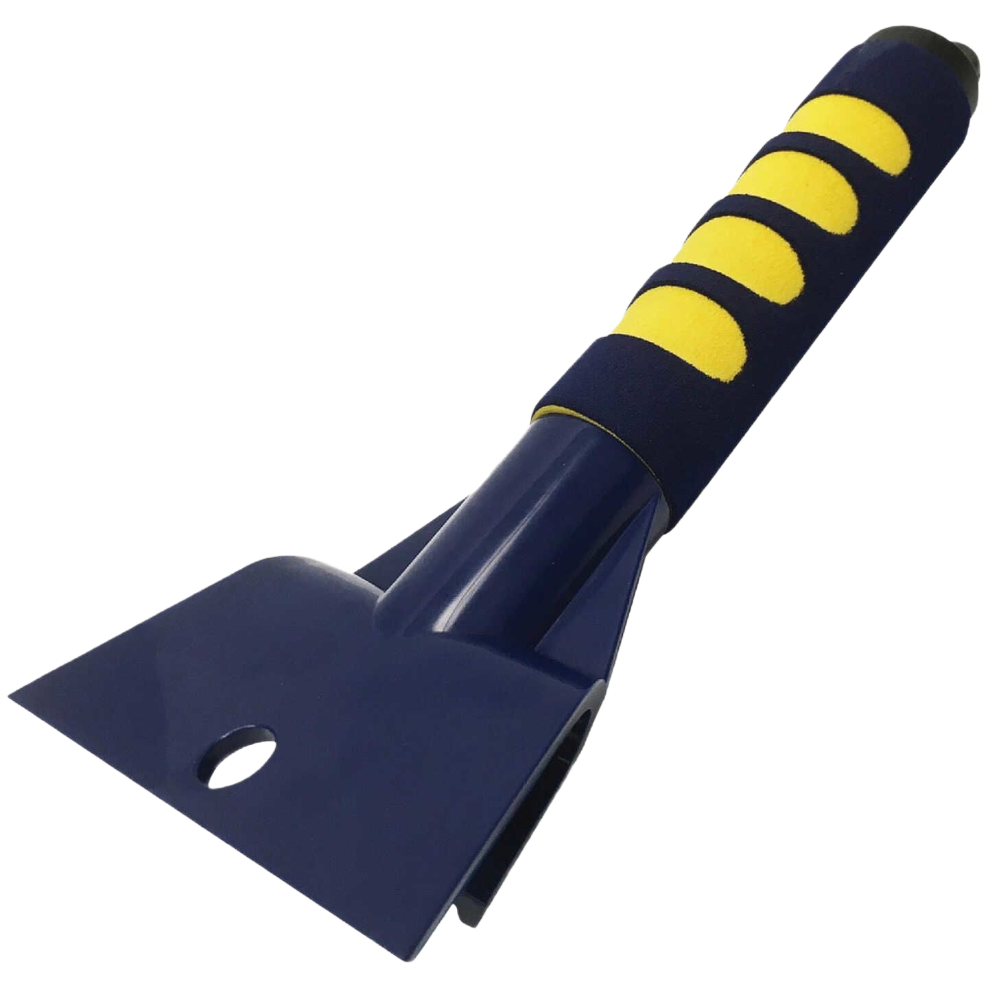 Blue ice scraper with yellow and black ergonomic handle for winter automotive use under $50 tools