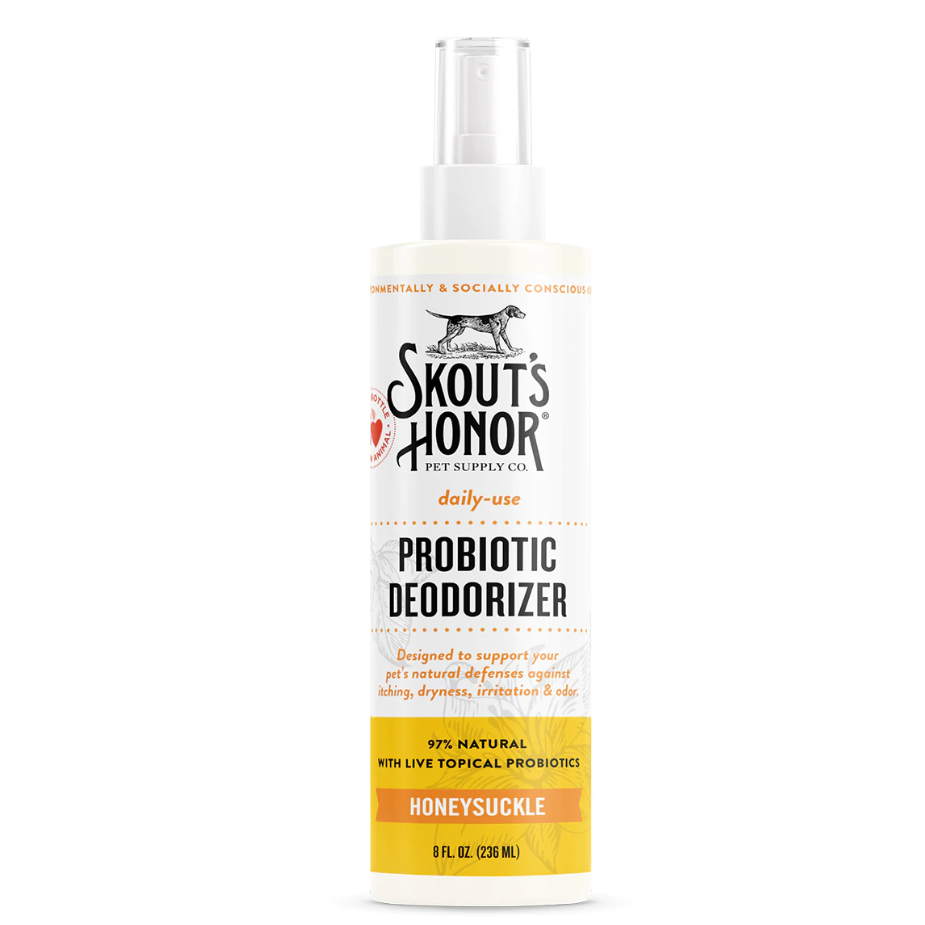 White spray bottle of Skout's Honor probiotic deodorizer with honeysuckle scent from pet and animal collection under $50