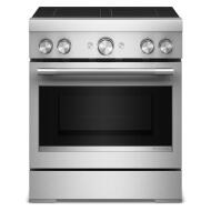 Stainless steel freestanding commercial-style induction range with four elements and convection oven in kitchen appliances collection