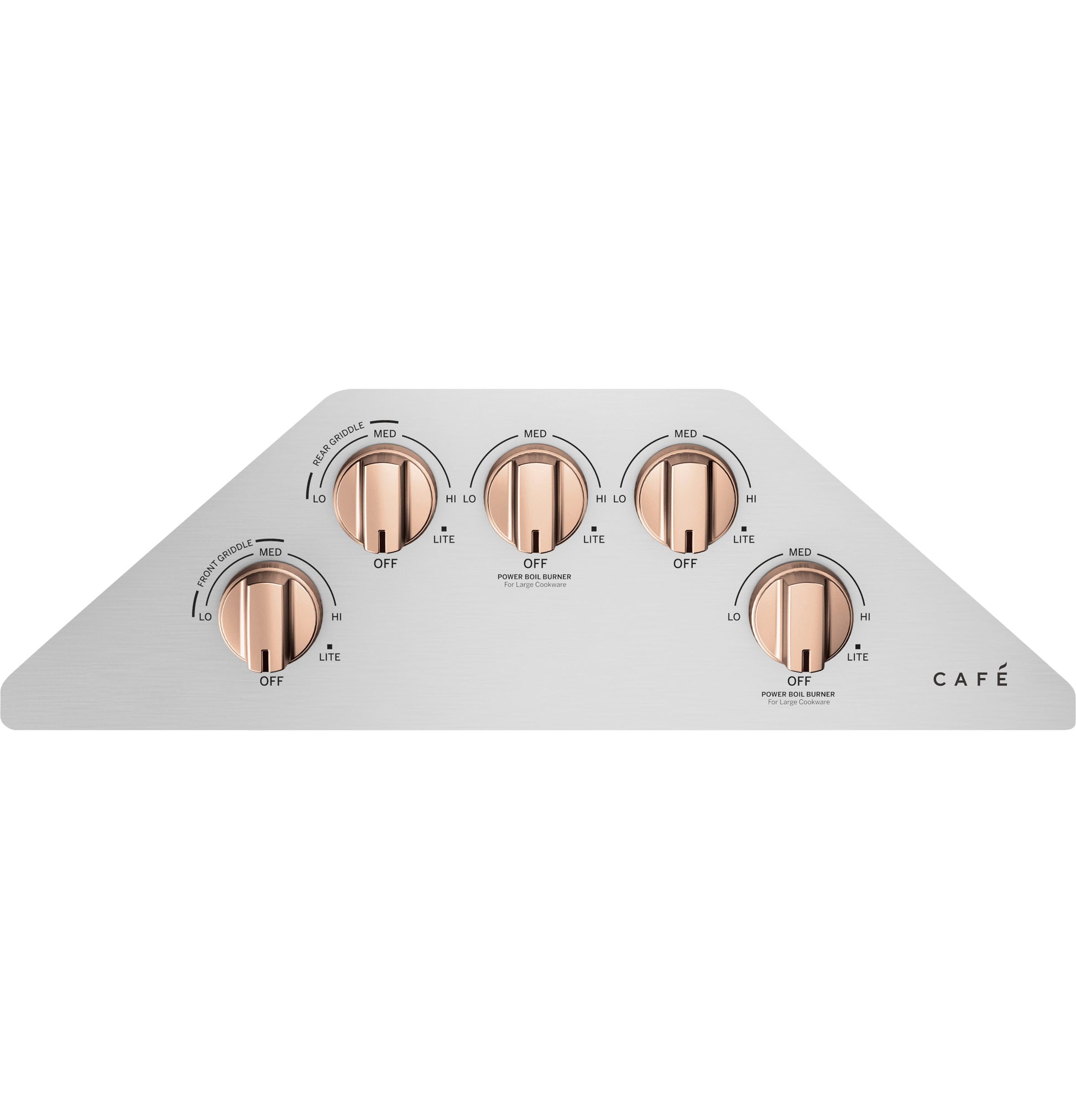 Control panel with five rose gold knobs on brushed stainless steel for a cooktop in kitchen appliance collection