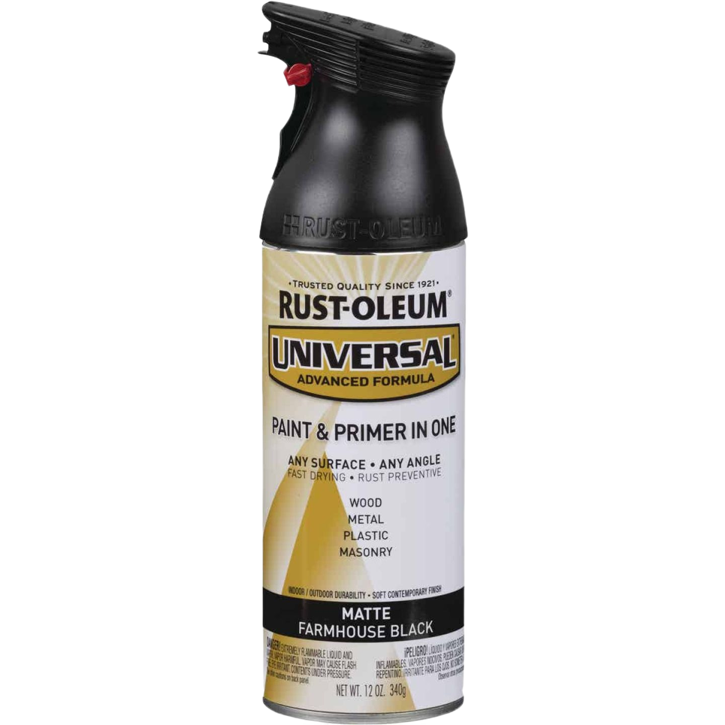 Matte farmhouse black spray paint can with ergonomic black top for home improvement projects
