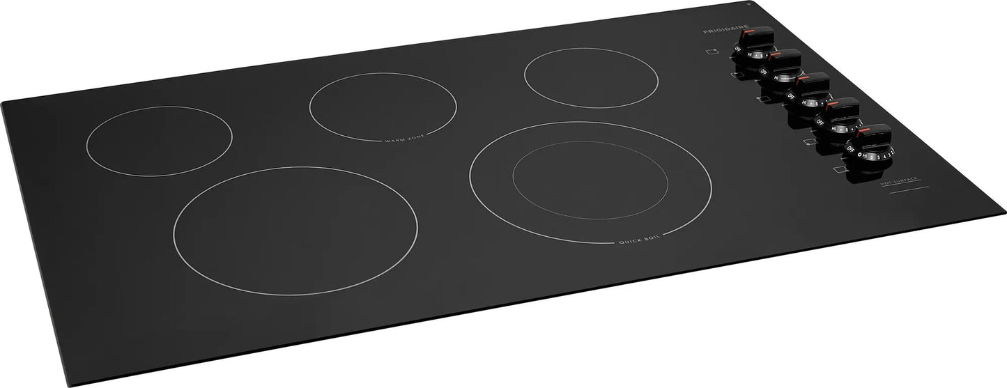 36" electric cooktop with black glass surface, five radiant zones, and rotary control knobs from Cooktops collection