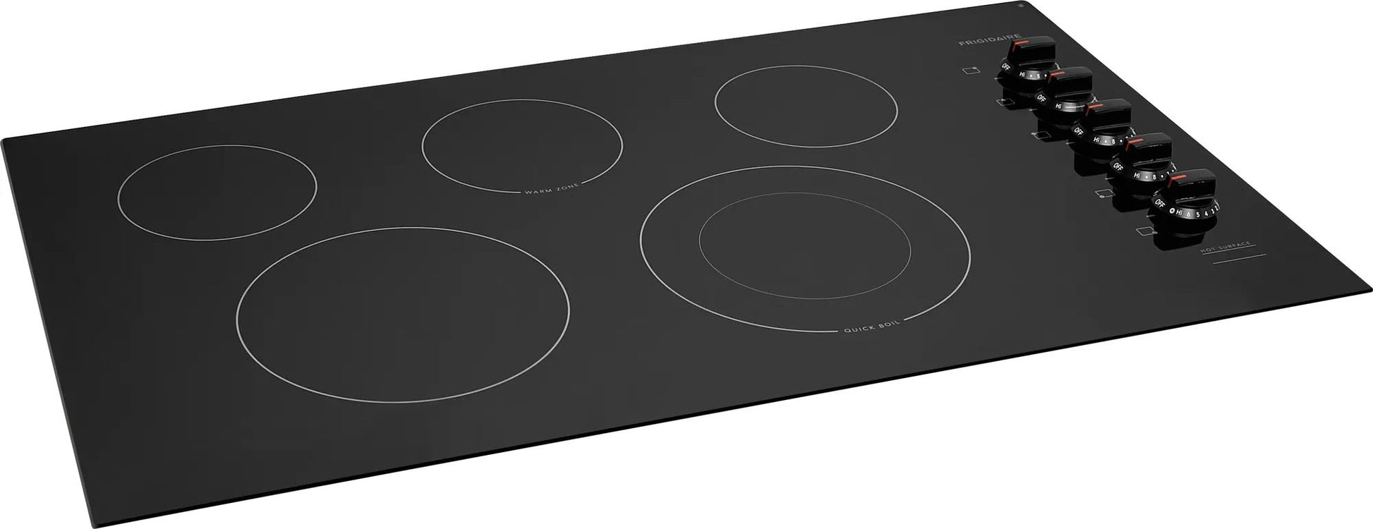 36" electric cooktop with black glass surface, five radiant zones, and rotary control knobs from Cooktops collection