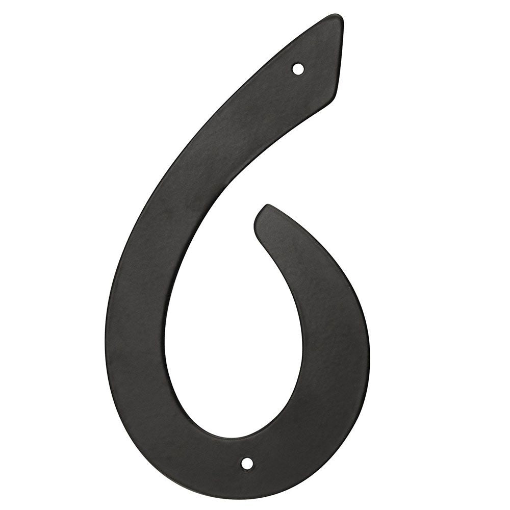 Black aluminum house number 6 with nail-on holes for easy installation in home improvement projects