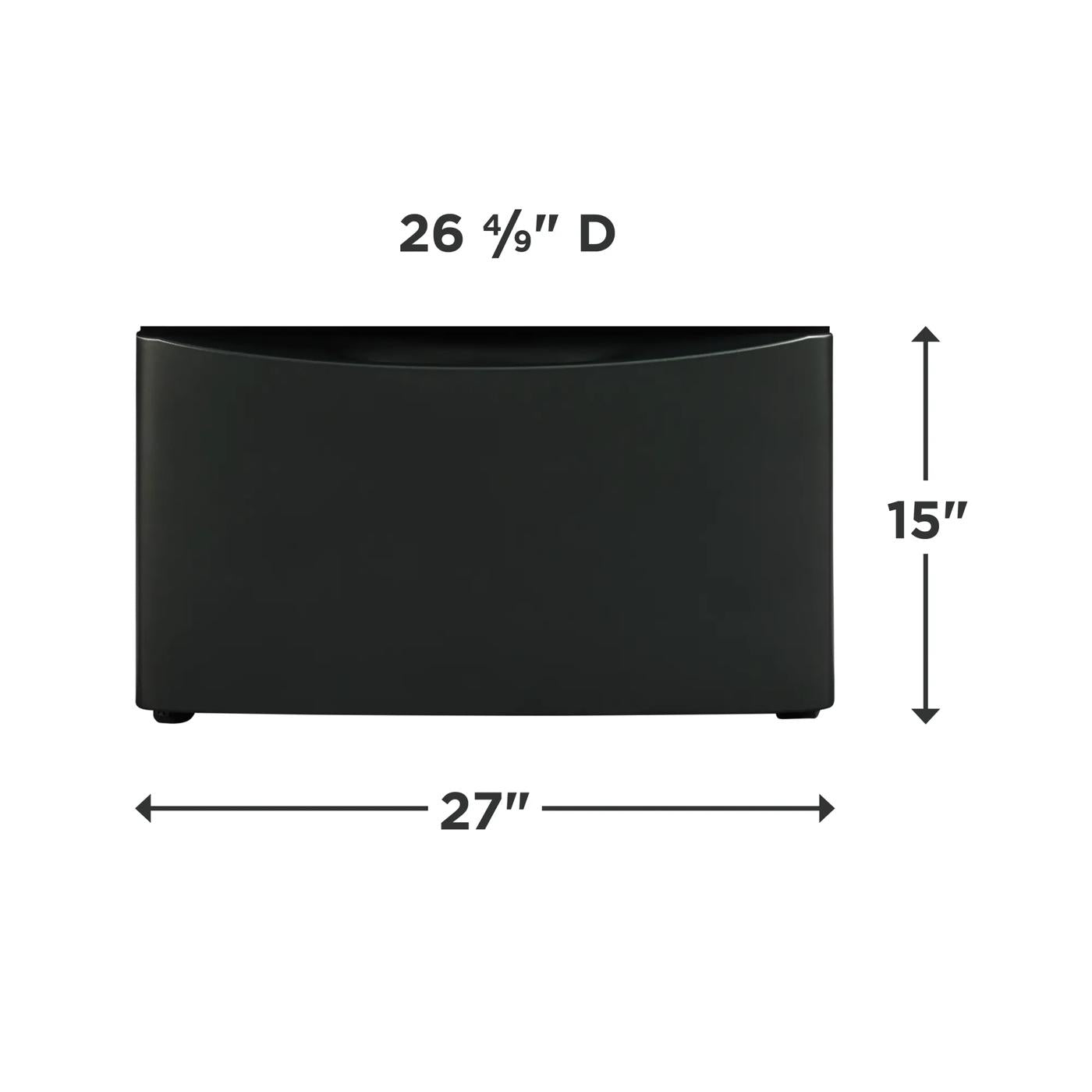 Black laundry pedestal with spacious storage drawer and product dimensions for appliance parts and accessories.