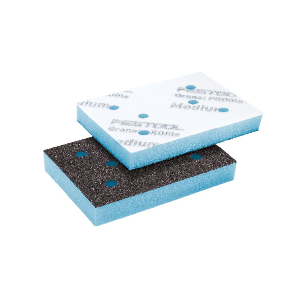 Two medium-grit blue-backed sanding pads with dust extraction holes for power tool accessories in home improvement tools