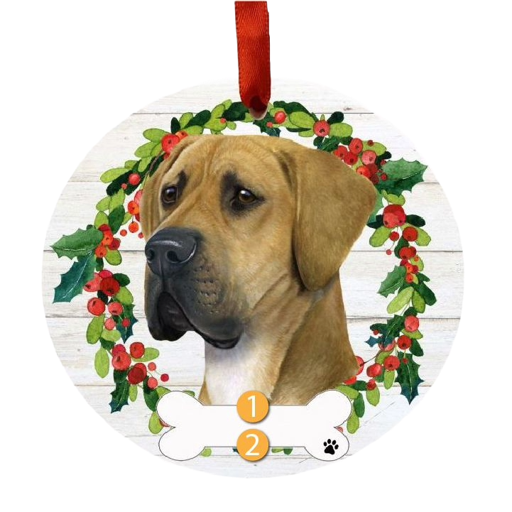 Round Christmas ornament featuring a Great Dane face inside a holly and berry wreath with bone-shaped name tag