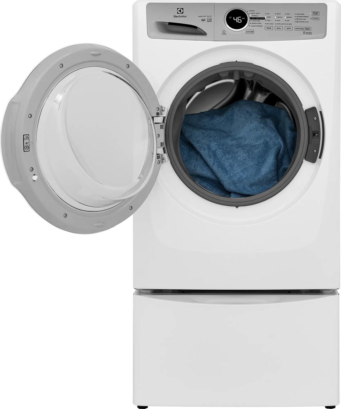 White front load washer from washers and appliances collection with open door showing blue fabric inside drum and digital display