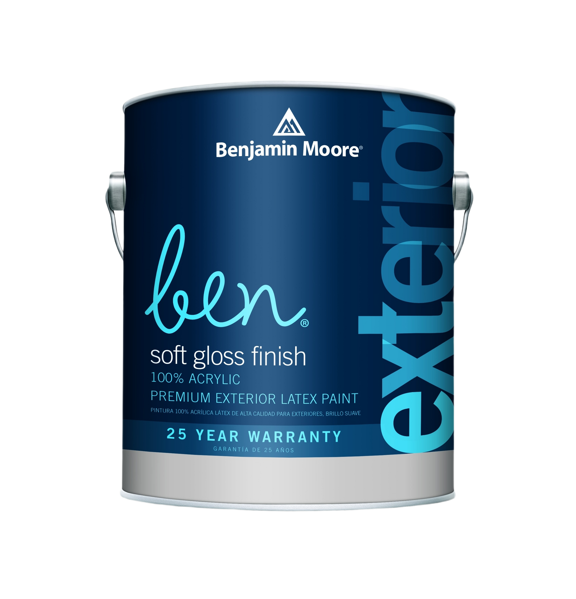 Blue container of soft gloss exterior latex paint with 25 year warranty for home improvement projects