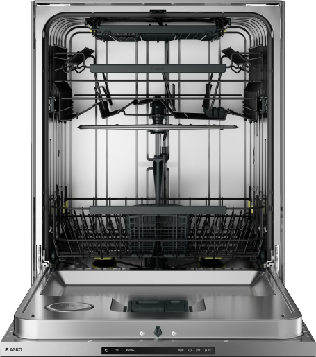 Open stainless steel dishwasher interior with adjustable racks and cutlery basket in kitchen appliance collection
