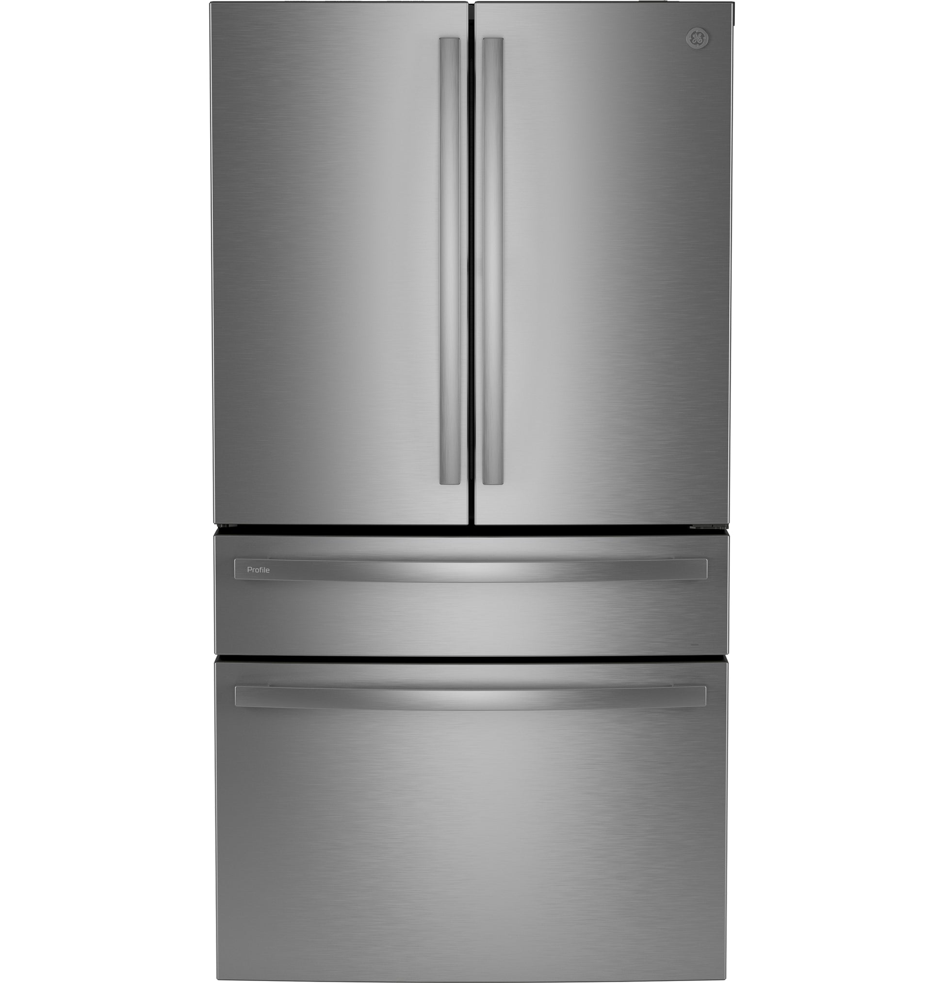 Fingerprint-resistant stainless steel 4-door French-door refrigerator with dual freezer drawers in kitchen appliances collection