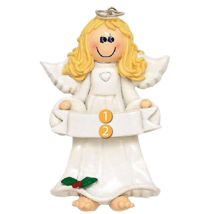 Blonde angel ornament holding blank banner with holly detail, charming Christmas decoration under 50 dollars decor
