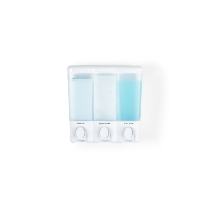 White triple compartment shower dispenser with labeled pump buttons for shampoo, conditioner, and body wash in bathroom collections