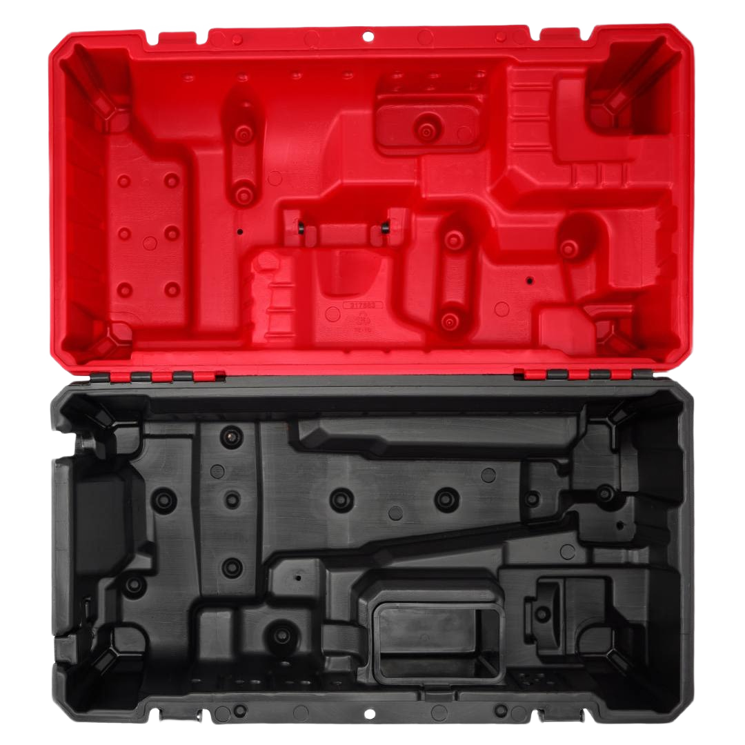 Red and black plastic storage case interior molded to fit chainsaw, batteries, charger, and oil for tool organization