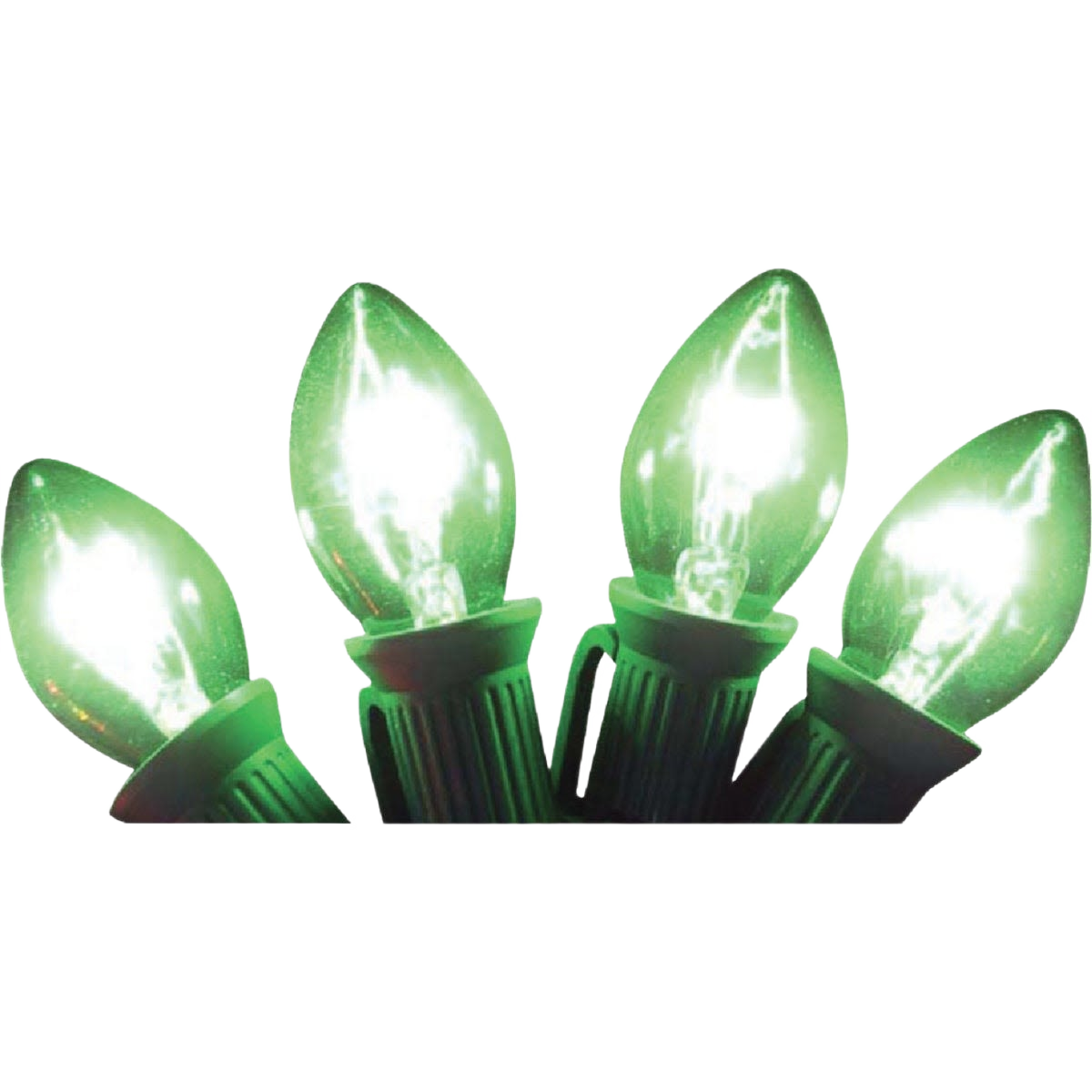 Set of four glowing green C7 replacement bulbs ideal for Christmas lights and holiday decorating under $50