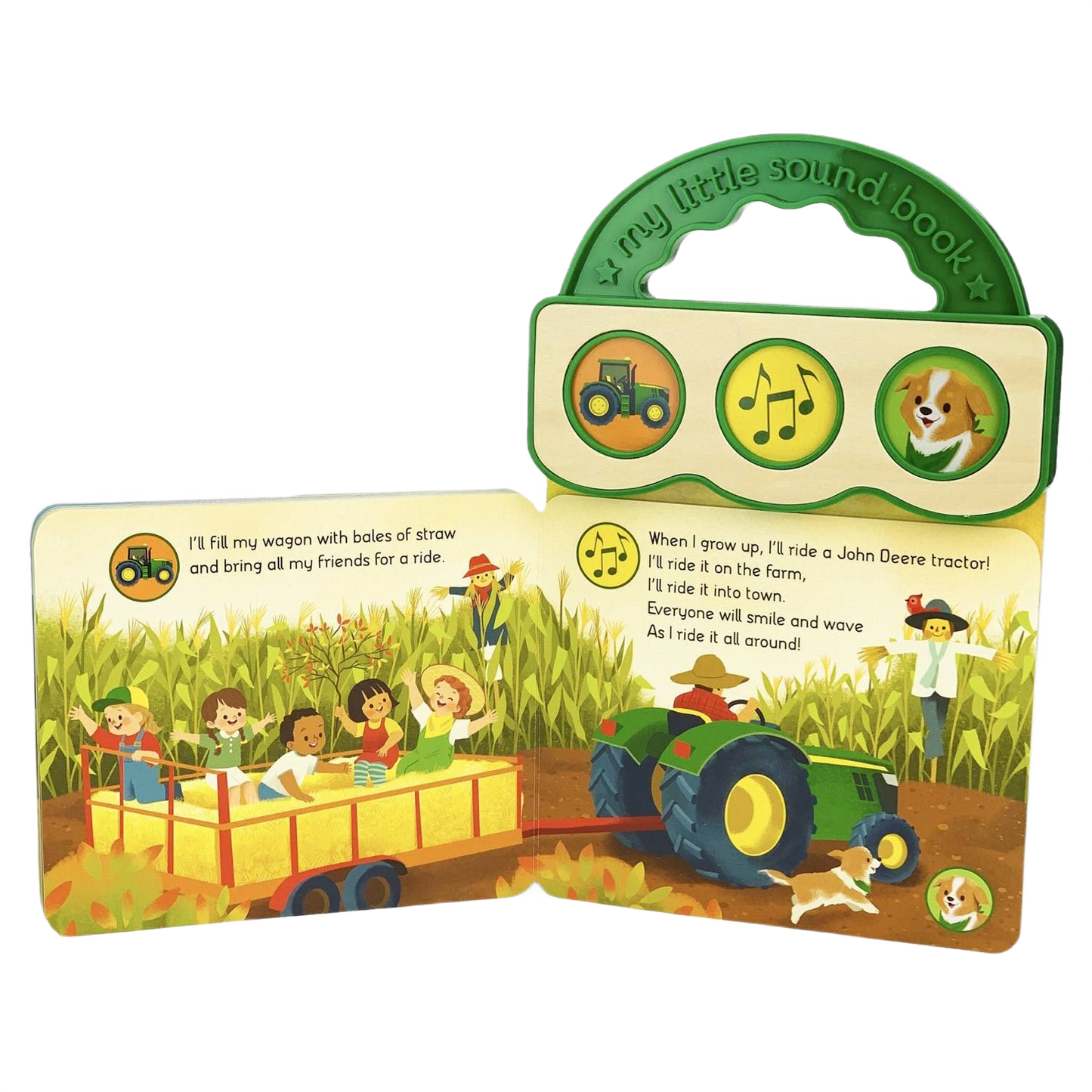Children’s interactive sound book featuring a green tractor, farm animals, and kids riding in a wagon on a farm