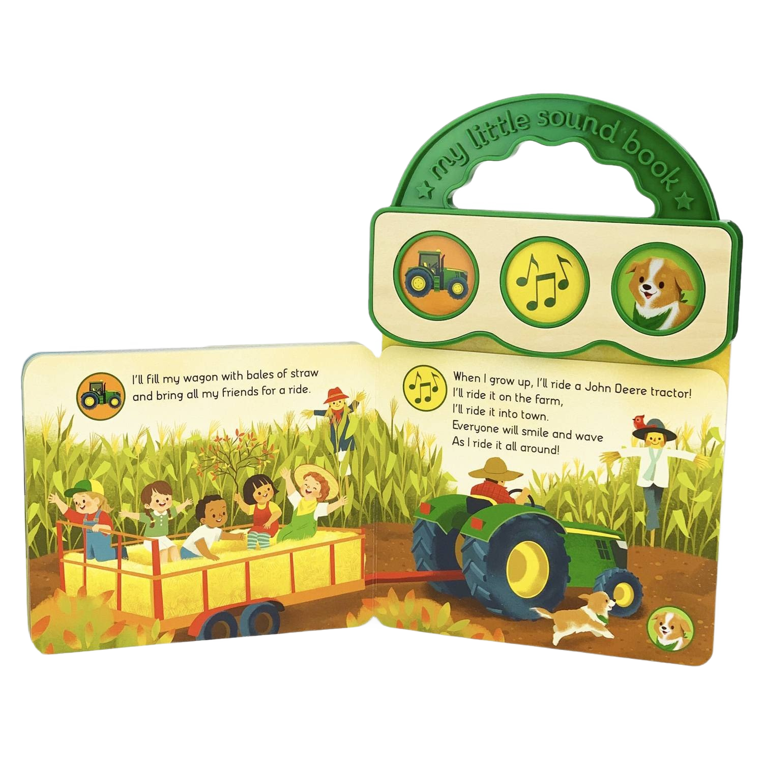 Children’s interactive sound book featuring a green tractor, farm animals, and kids riding in a wagon on a farm