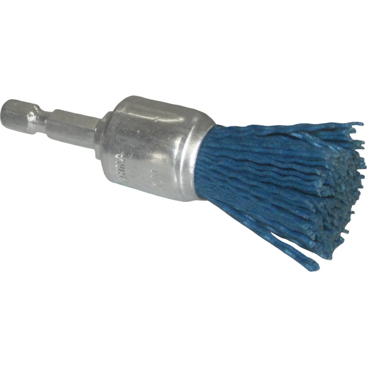 Blue nylon abrasive end brush for power tools, suitable for light cleaning and polishing in woodworking accessories.