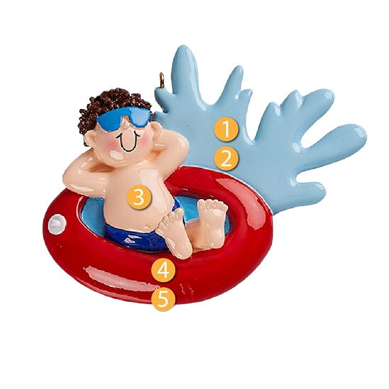 Male figure wearing blue sunglasses lounging in red tubing with blue antler-shaped splash for holiday decor under $50 collection