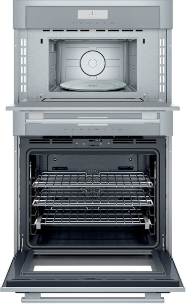 Stainless steel combination wall oven with microwave above and dual wire racks inside oven interior for home improvement